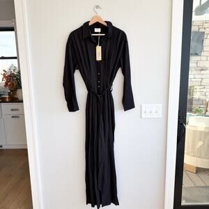 Allie Rose Linen Blend Belted Button Front Jumpsuit Black S